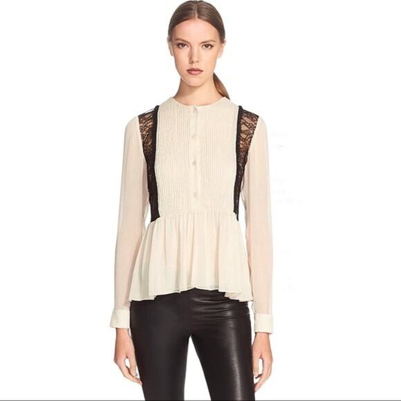 Alice + Olivia Elysia Lace Paneled Plisse-Georgette Off White/Black Peplum Top - Picture 10 of 12